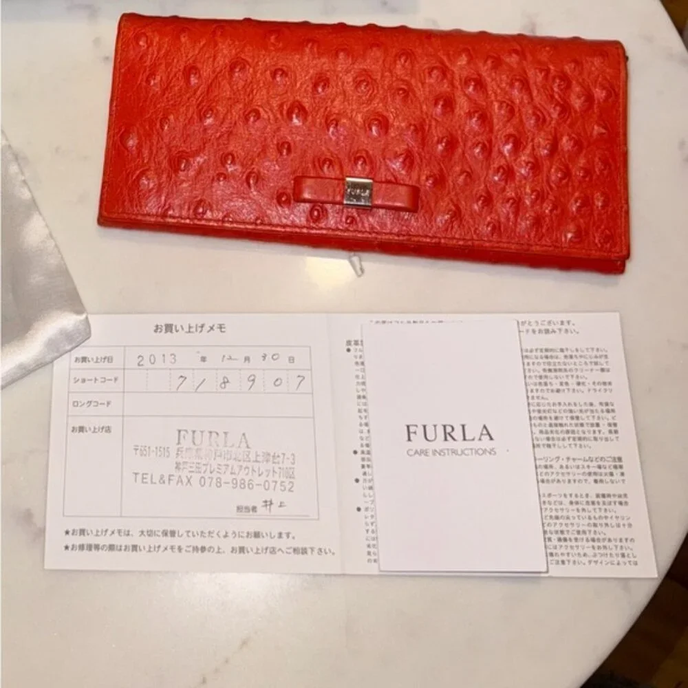 Furla Orange Ostrich-Embossed Leather Babylon Continental Long Wallet (NWOT) - Picture 5 of 5